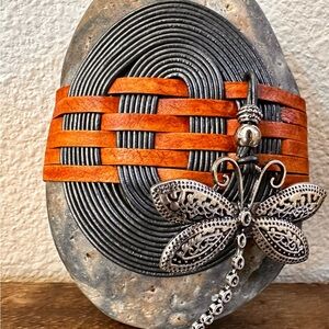 Hand wrapped stone, Silver and Brown leather with Dragonfly